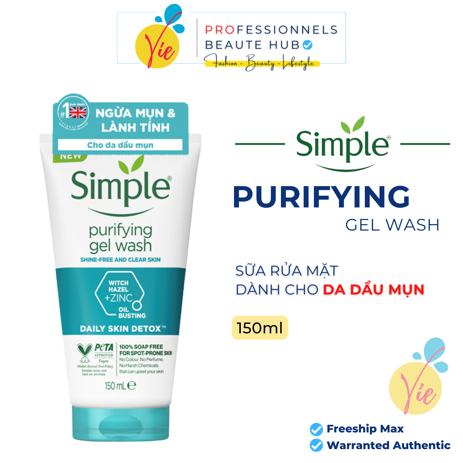 Sữa rửa mặt SIMPLE Purifying Gel Wash kiềm dầu giảm mụn sạch da 150ml
