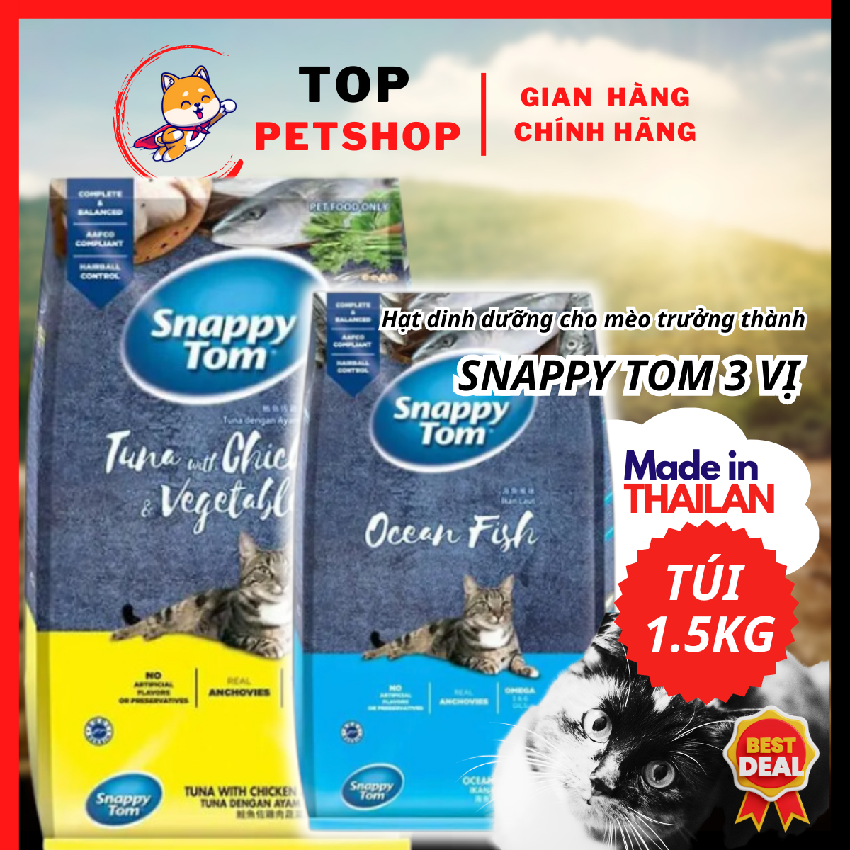 Hạt Snappy Tom dinh dưỡng cho mèo, Hạt cho mèo Snappy Tom Topping cá cơm.