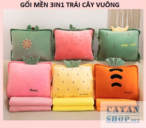 [HCM]GỐI MỀN 3in1 ❤️TẶNG GƯƠNG❤️ Gối mền TRÁI CÂY VUÔNG siêu cute nỉ nhung siêu mịn bộ chăn gối văn phòng gấu bông kèm mền GM73-TraiCayVuong