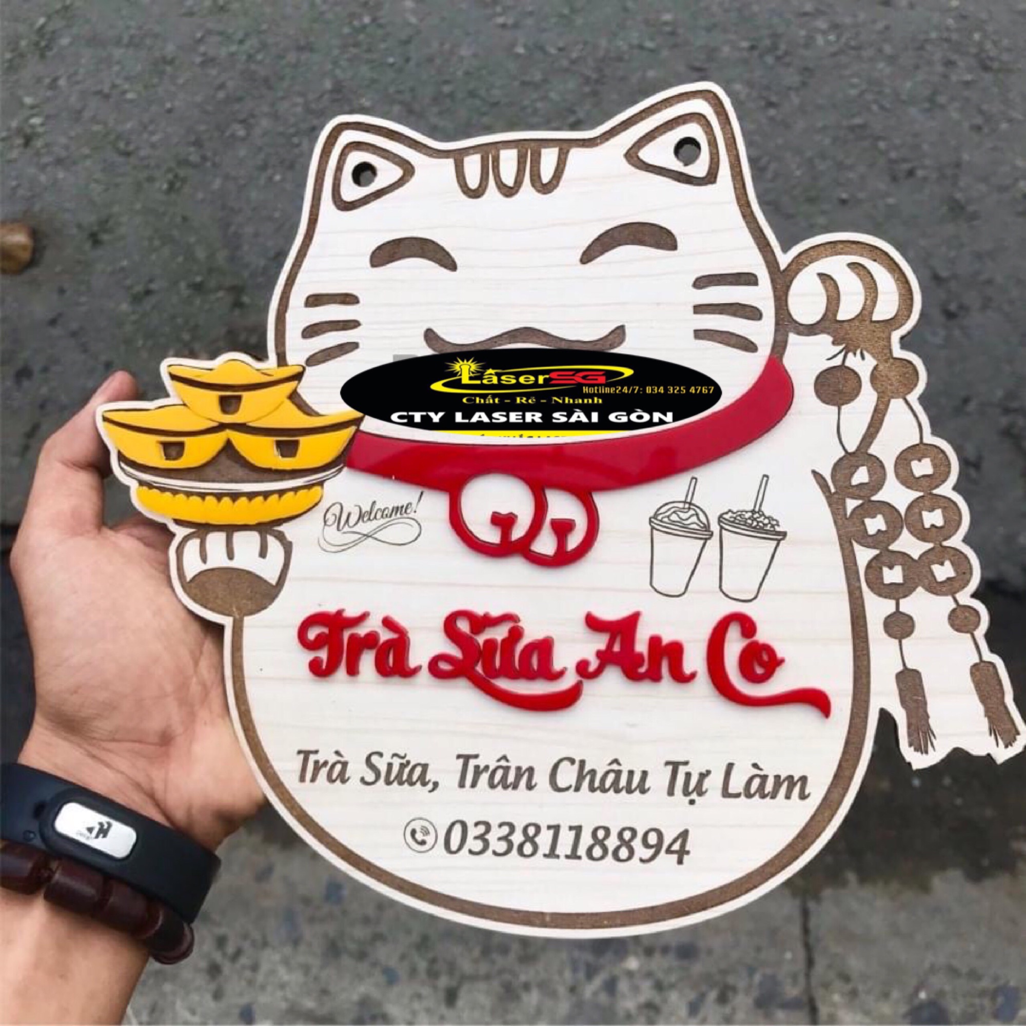 [HCM]Bảng gỗ mèo thần tài may mắn - Bảng tên shop - Bảng chụp ảnh sản phẩm