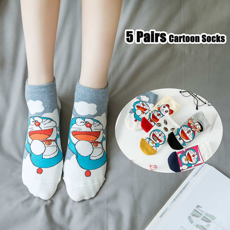 5 đôi Tất ngắn Doraemon Phim hoạt hình dễ thương Phụ nữ bông cổ chân Vớ cho người lớn vui nhộn