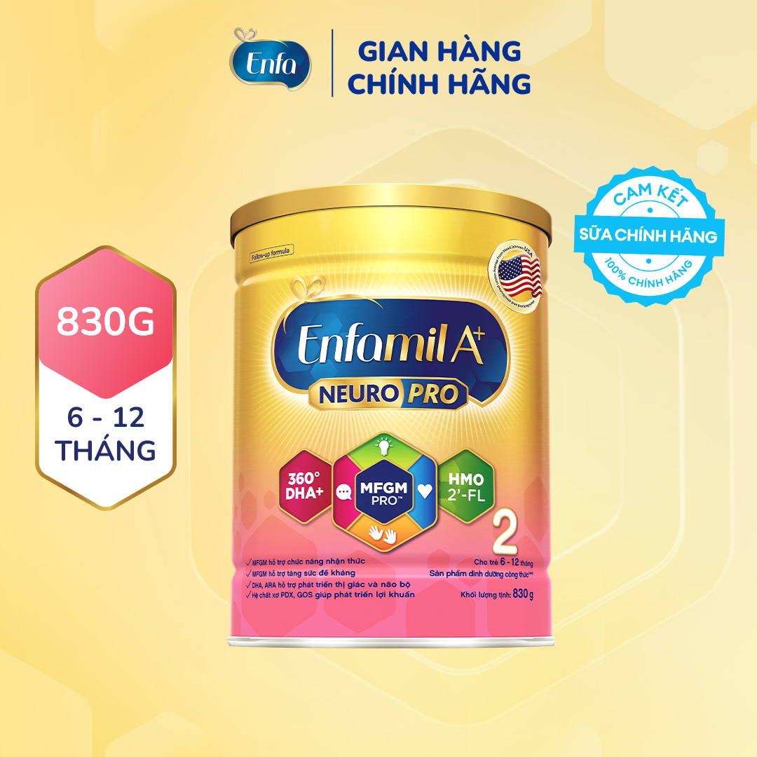 Sữa bột Enfamil A+ NeuroPro 2 Vị thanh mát 2'FL HMO với dưỡng chất DHA  MFGM cho trẻ từ 6 –12 tháng tuổi– 830g