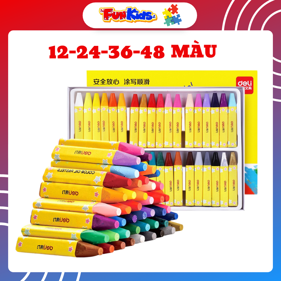 Bộ bút sáp dầu 12/24/36/48 màu Deli an toàn, màu sắc đậm nét, tươi sáng cho bé tập vẽ