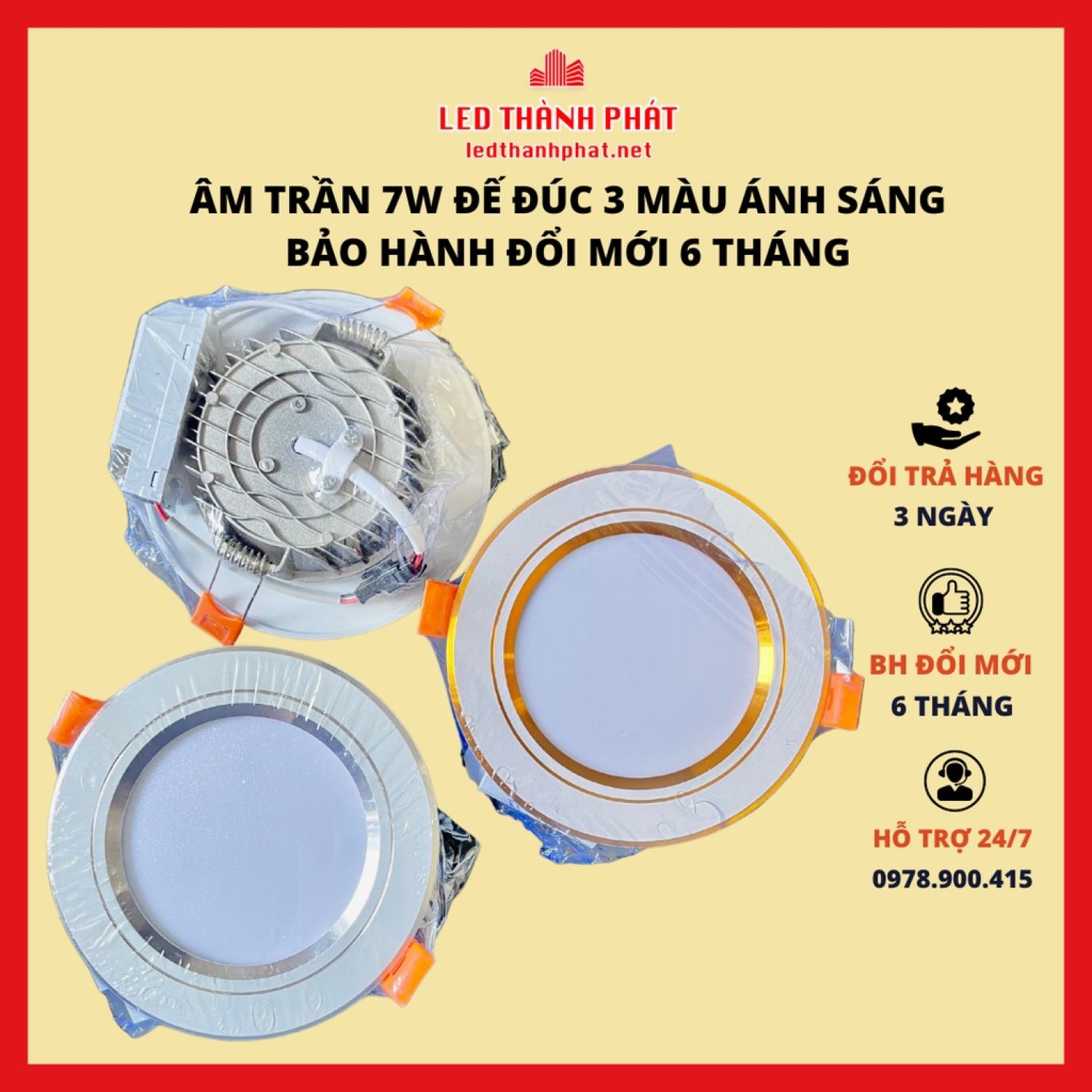 Đèn LED âm trần 7W 3 màu Phi 90 đế đúc siêu sáng , Đèn Downlight tiết kiệm điện bảo hành đổi mới 6 tháng