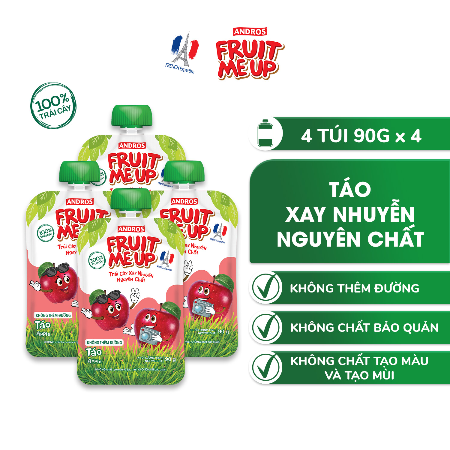 Combo 4 Túi Trái Cây Xay Nhuyễn Vị Táo - 100% trái cây thật - ANDROS FRUIT ME UP - 90gx4