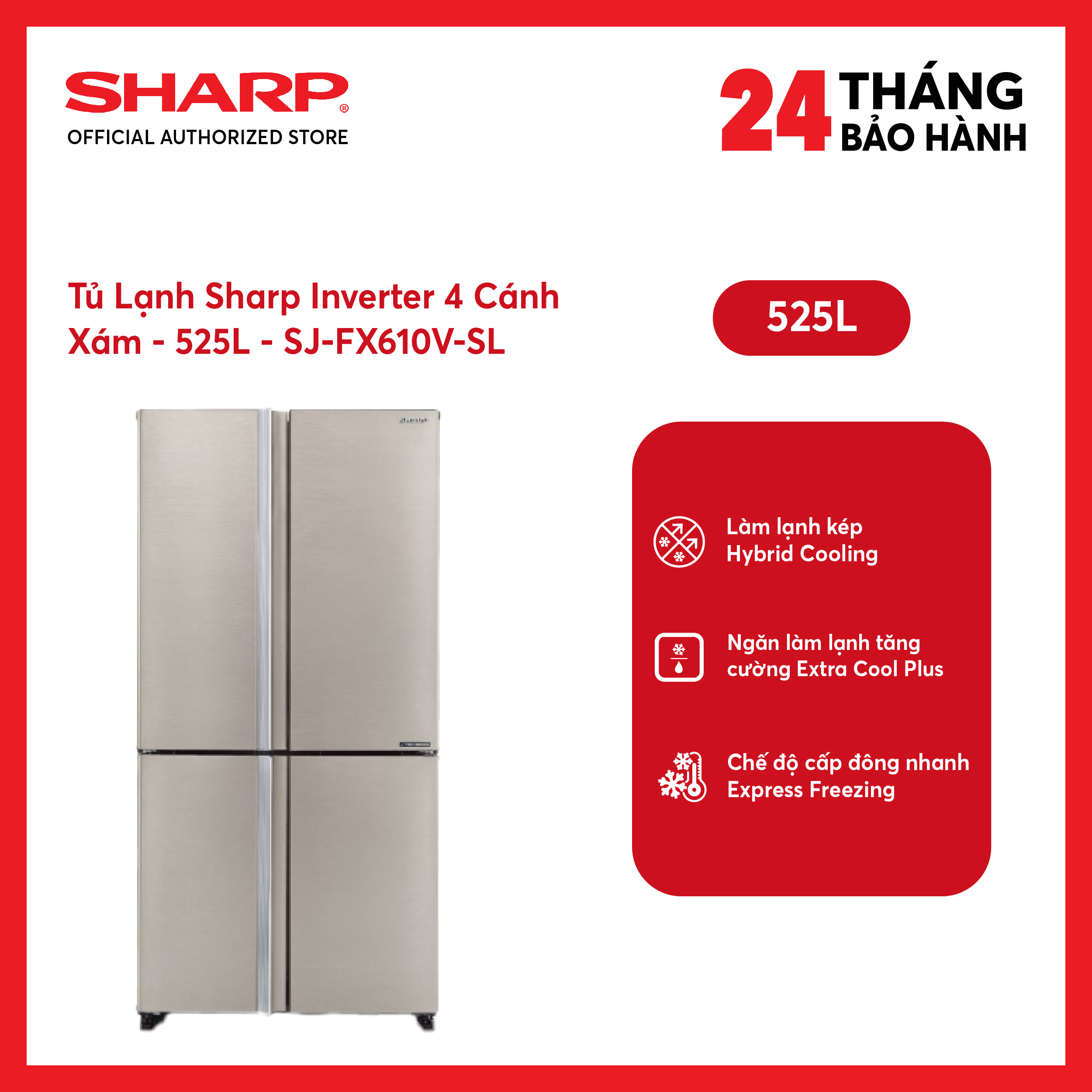 [MODEL 2026][FreeSHIP COD + Lắp Hà Nội] Tủ lạnh Sharp Inverter 525 lít SJ-FX610V-SL