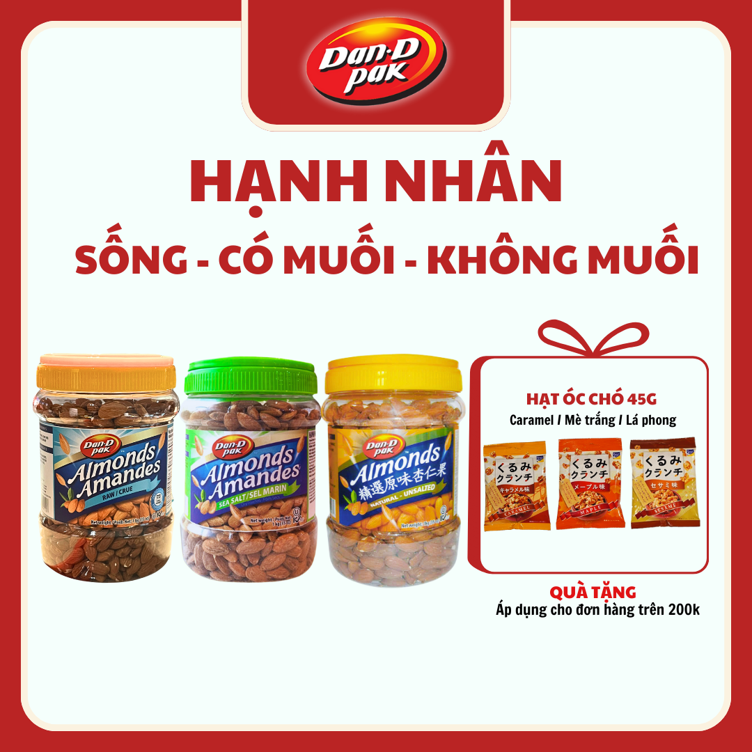 Hạnh nhân muối, không muối, sống 1kg Dan D Pak
