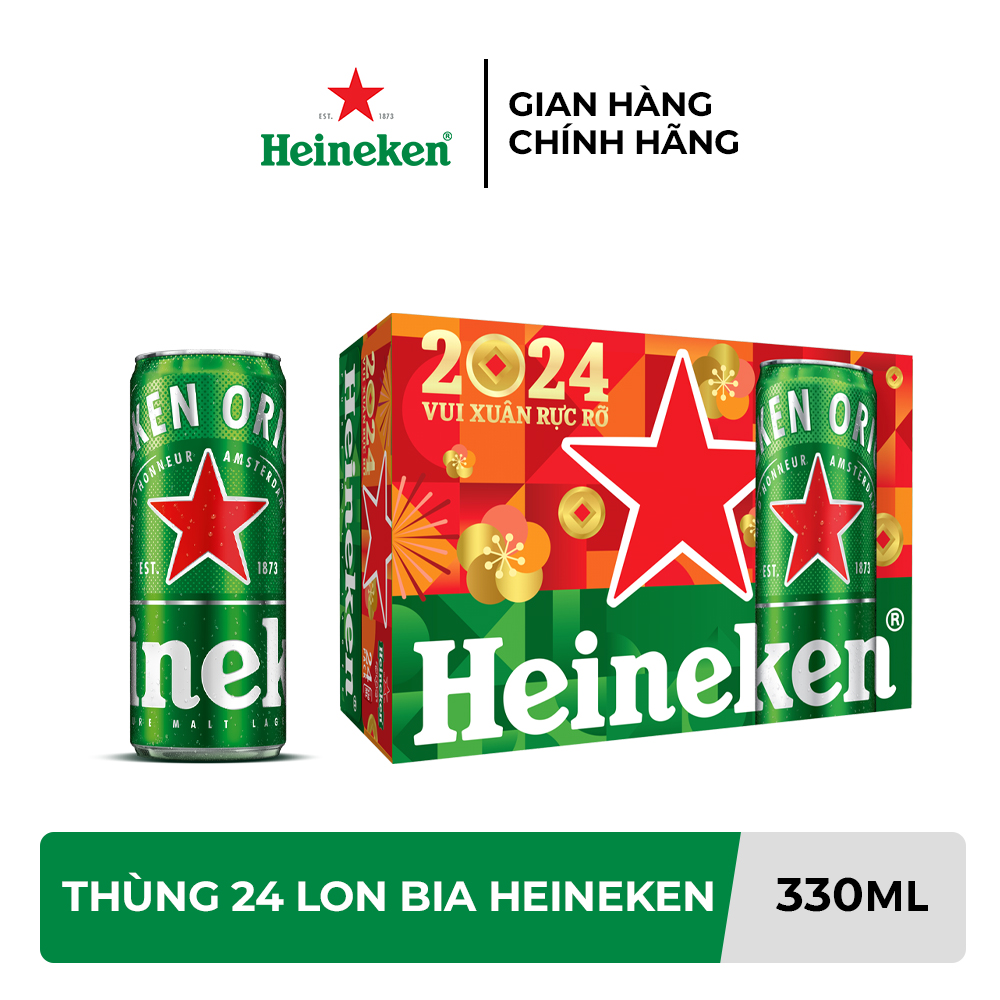 Trợ ship 30k VC 10k Thùng 24 lon bia Heineken 330ml/lon Bao bì Xuân