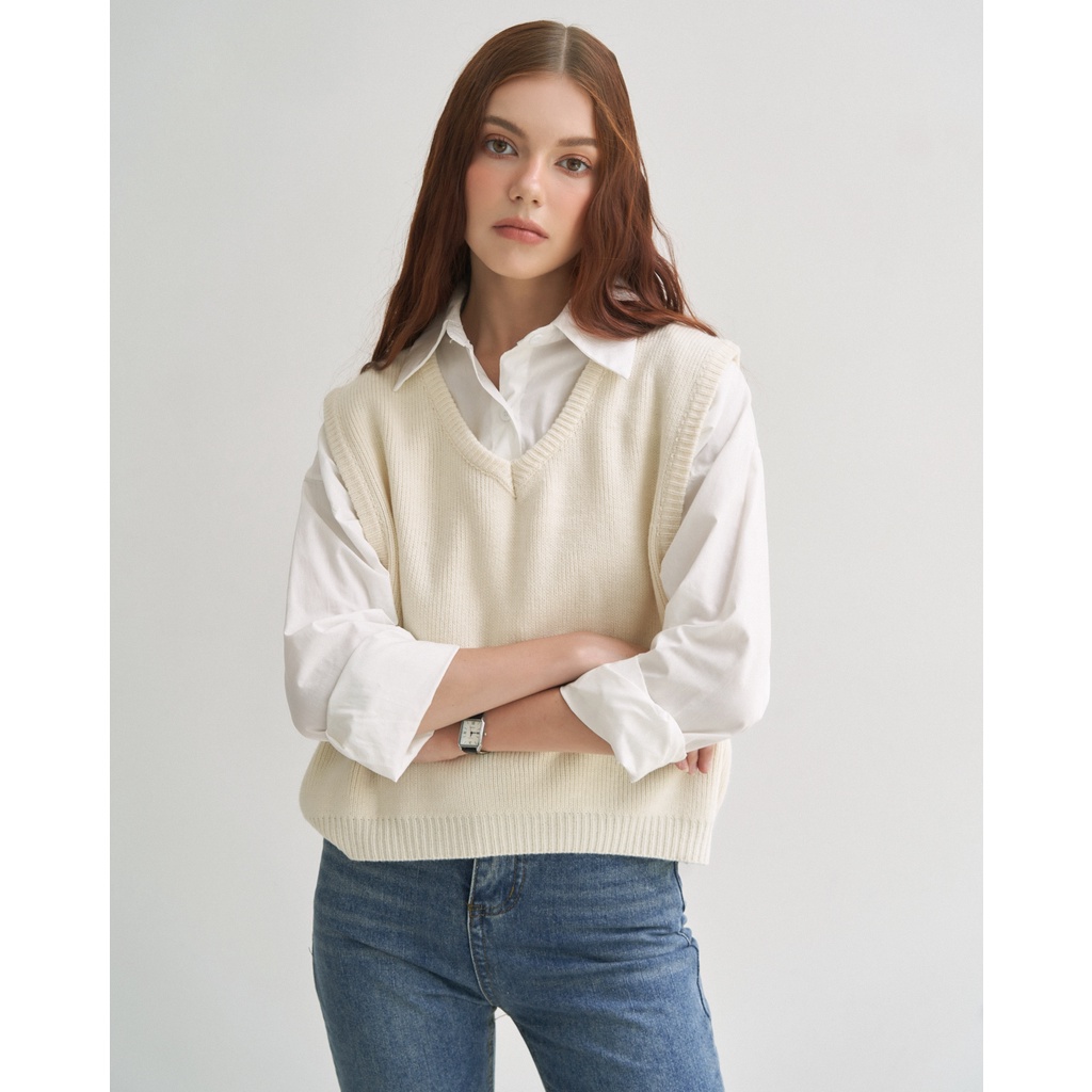 Áo len gile nữ cable knit v mixing | hq2624 | lana official