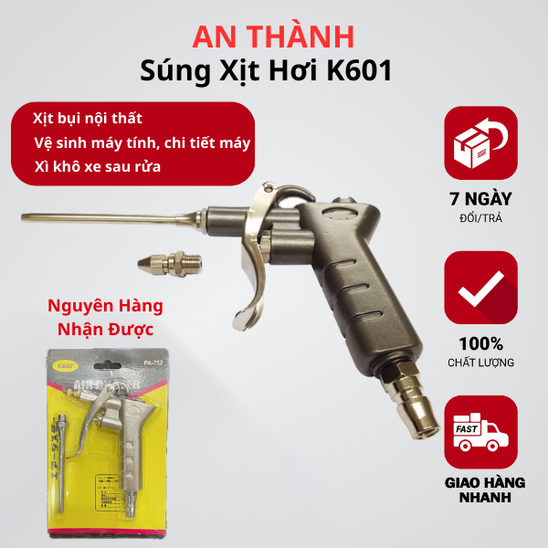 Súng xịt hơi Kinki K601 trang bị 2 đầu dài ngắn, Súng xì khô xe máy ô tô xịt bụi bàn phím máy tính sử dụng cho máy nén khí
