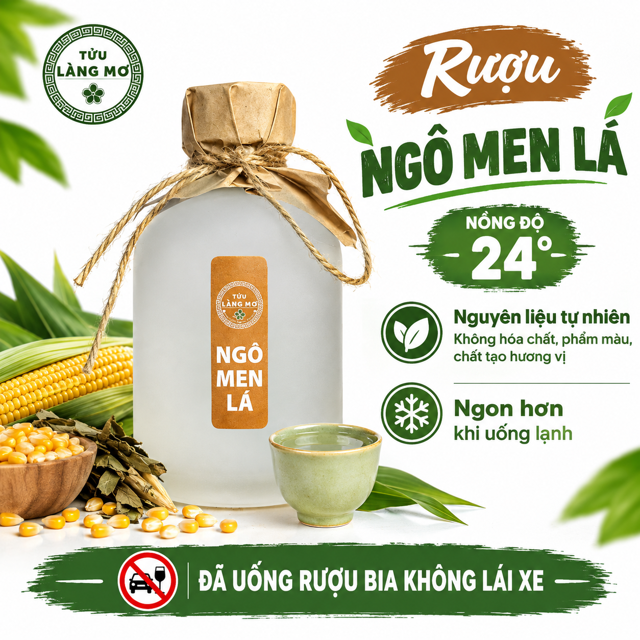 [Rượu Ngô Men Lá Chai 500ML] Tửu Làng Mơ - Không Phẩm Màu - Không Hương Liệu - Nồng Độ 24%