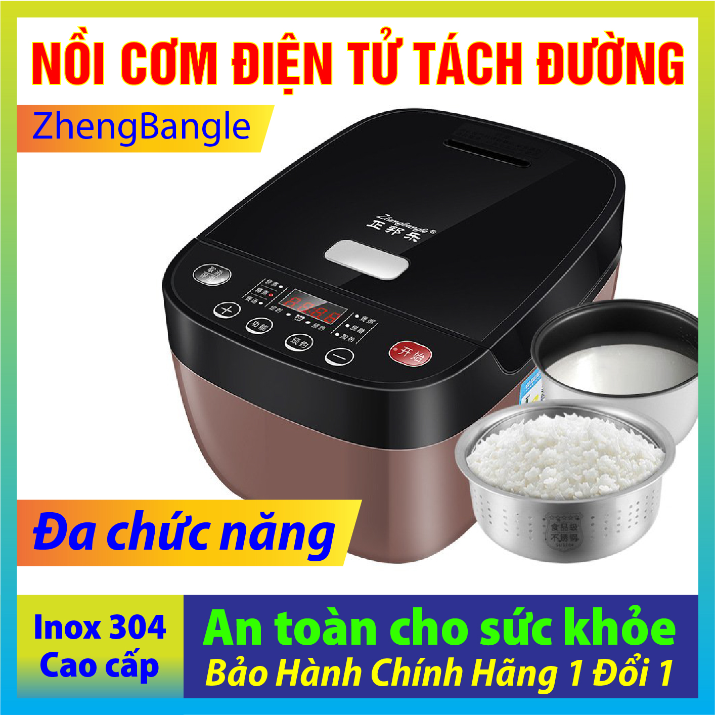 Nồi cơm điện tử tách đường đa năng Zhengbangle giá rẻ - Noi com dien tu da nang cho gia đình - Nồi cơm điện cho người ăn kiêng, người già, phụ nữ mang thai, các bệnh về tim mạch huyết áp cao - Hàng chính hãng - Bảo hành 6 tháng
