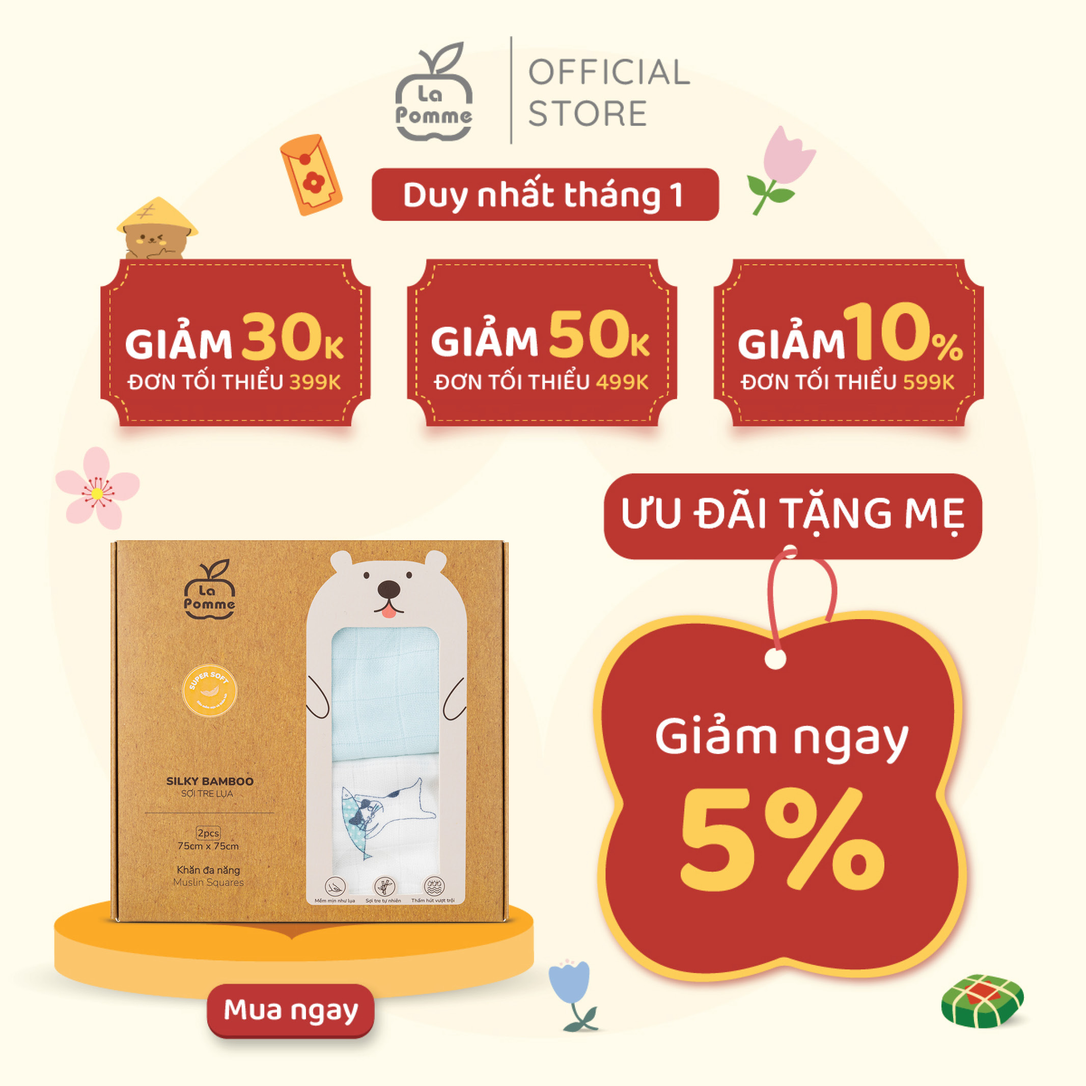  Set 2 Khăn sữa sợi tre lụa La Pomme phối màu  75x75cm  - Fairy World 