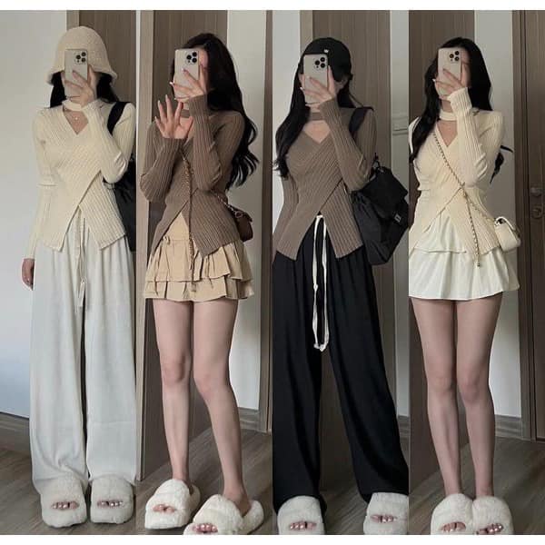 Áo len vạt chéo trước phối cổ vòng độc đáo