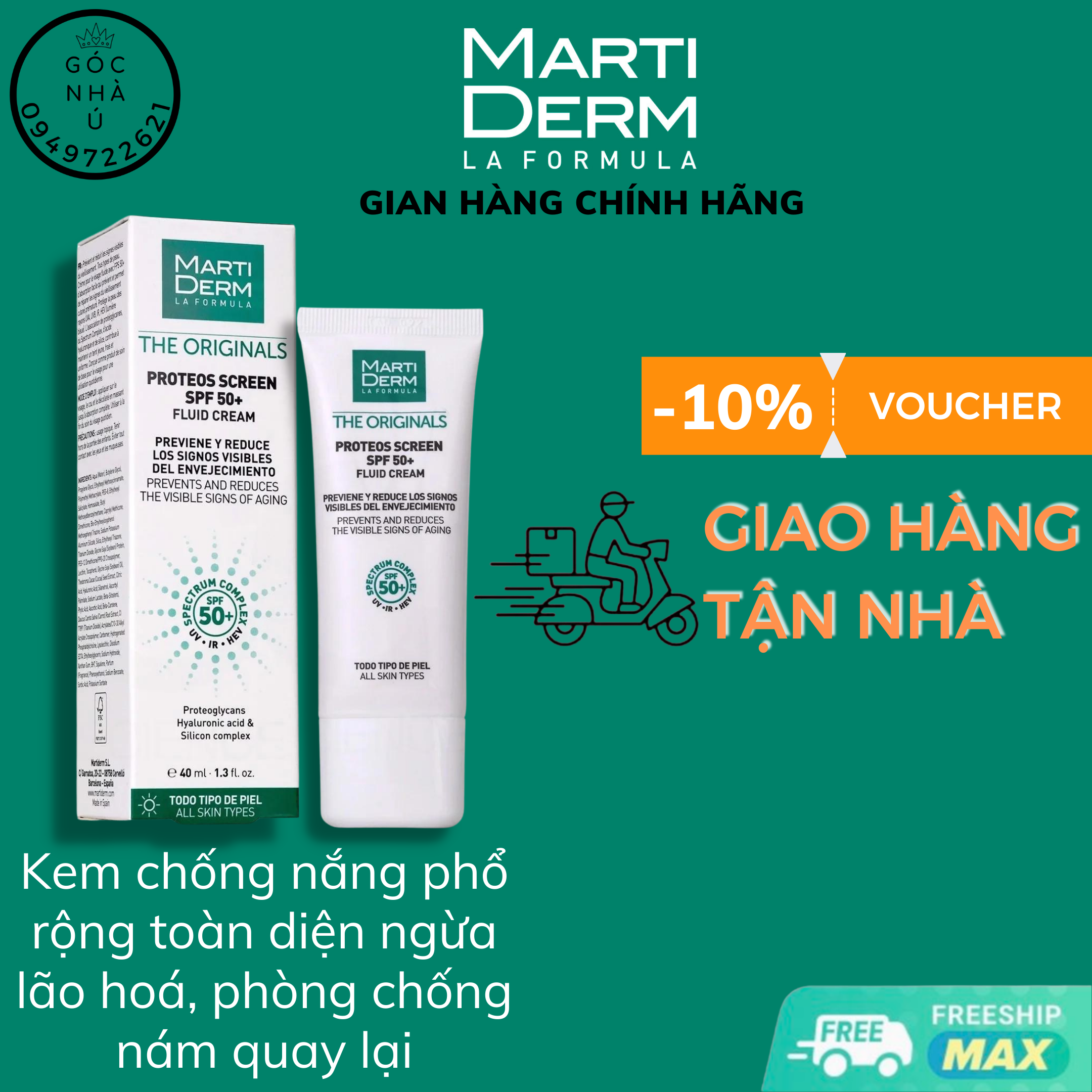 [HÀNG CHÍNH HÃNG]Kem Chống Nắng Phổ Rộng Toàn Diện Ngừa Lão Hóa, Phòng Chống Nám Quay Lại - MartiDerm The Originals Proteos Screen SPF50+ Fluid Cream