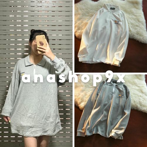 Áo polo tay dài khóa cổ in số 2030 Áo sweater cổ bẻ form thụng rộng vải bo tàu dày hàn quốc ANASHOP9X