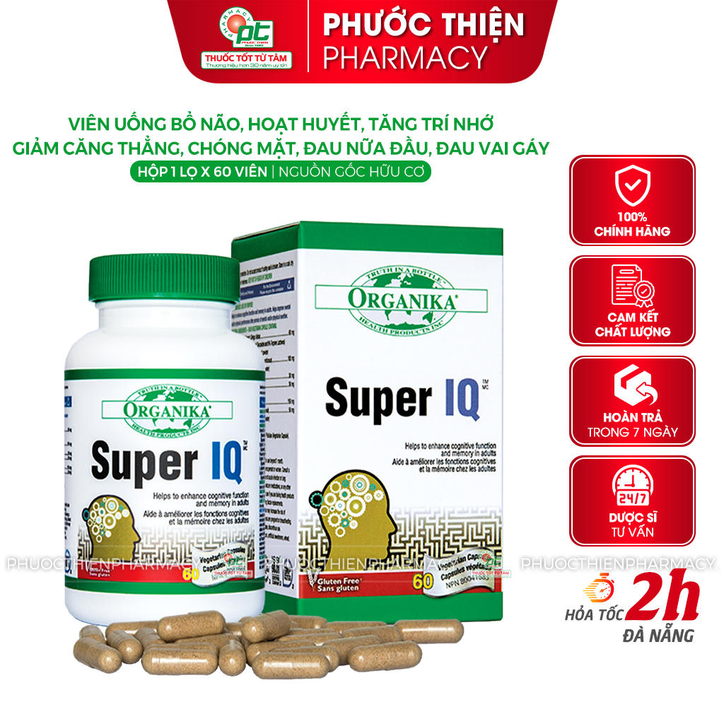 Ginkgo biloba bổ não, giảm căng thẳng stress ORGANIKA SUPER IQ lọ 60 viên giúp tỉnh táo, tập trung tăng cường trí nhớ