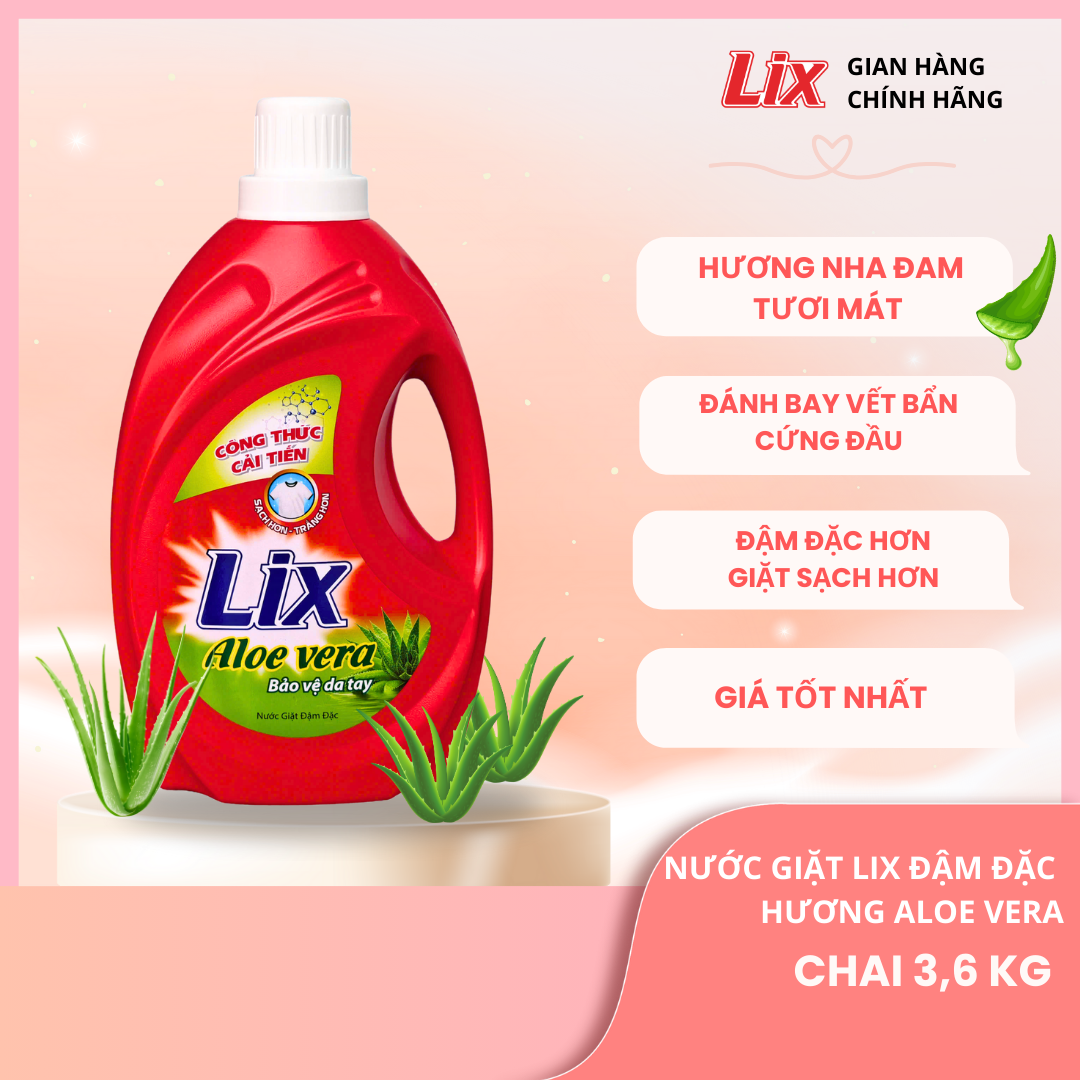 Nước giặt Lix 3.6kg Aloe Vera công thức cải tiến sạch thơm, trắng hơn, lưu hương suốt ngày dài Lixco Việt Nam NG361