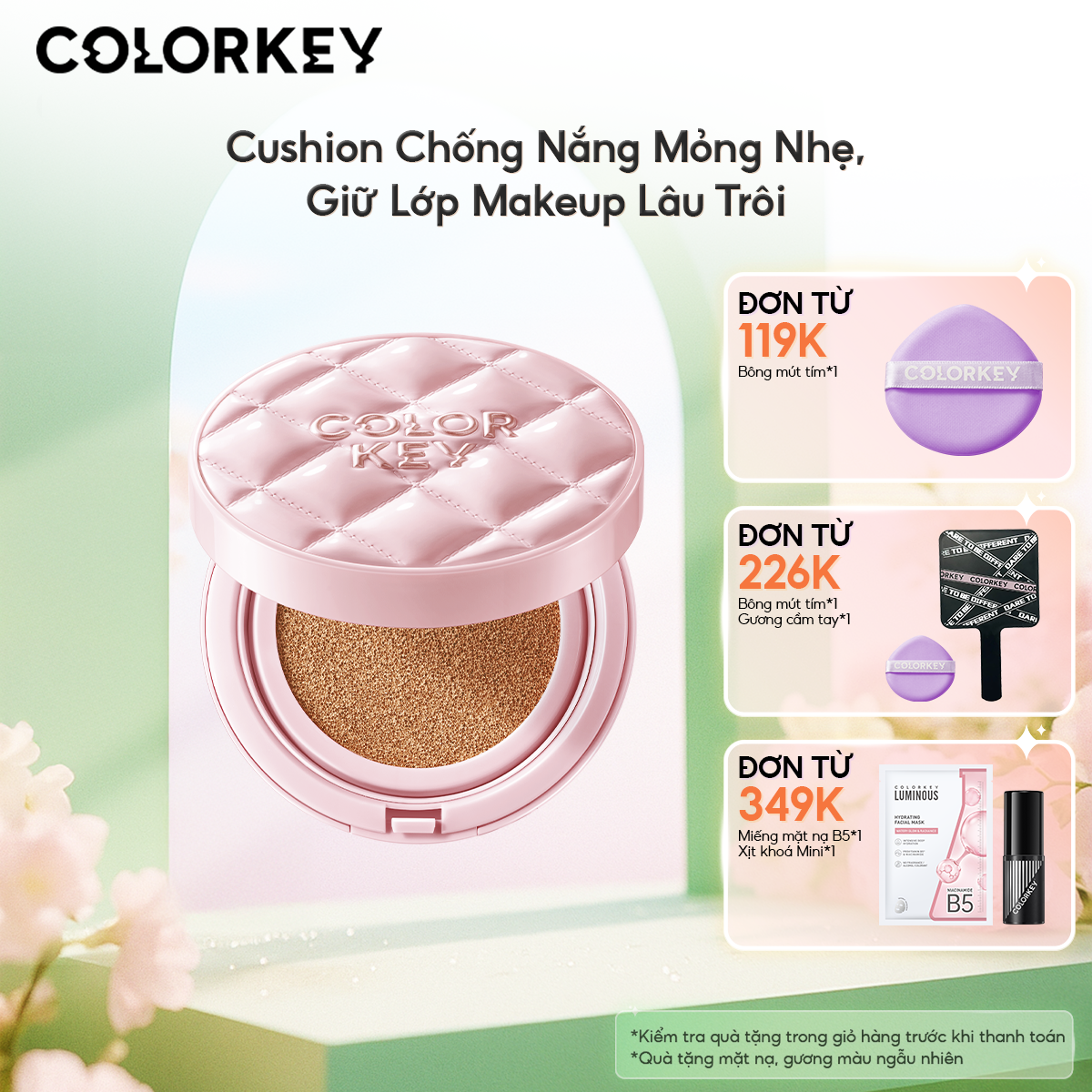  Cushion Chống Nắng COLORKEY SPF 50+PA++++ Bền Màu Lâu Trôi Suốt 24h Che Phủ Hoàn Hảo Giúp Làn Da Rạng Rỡ Thiết Kế Họa Tiết Kẻ Ô Đặc Biệt 11g 