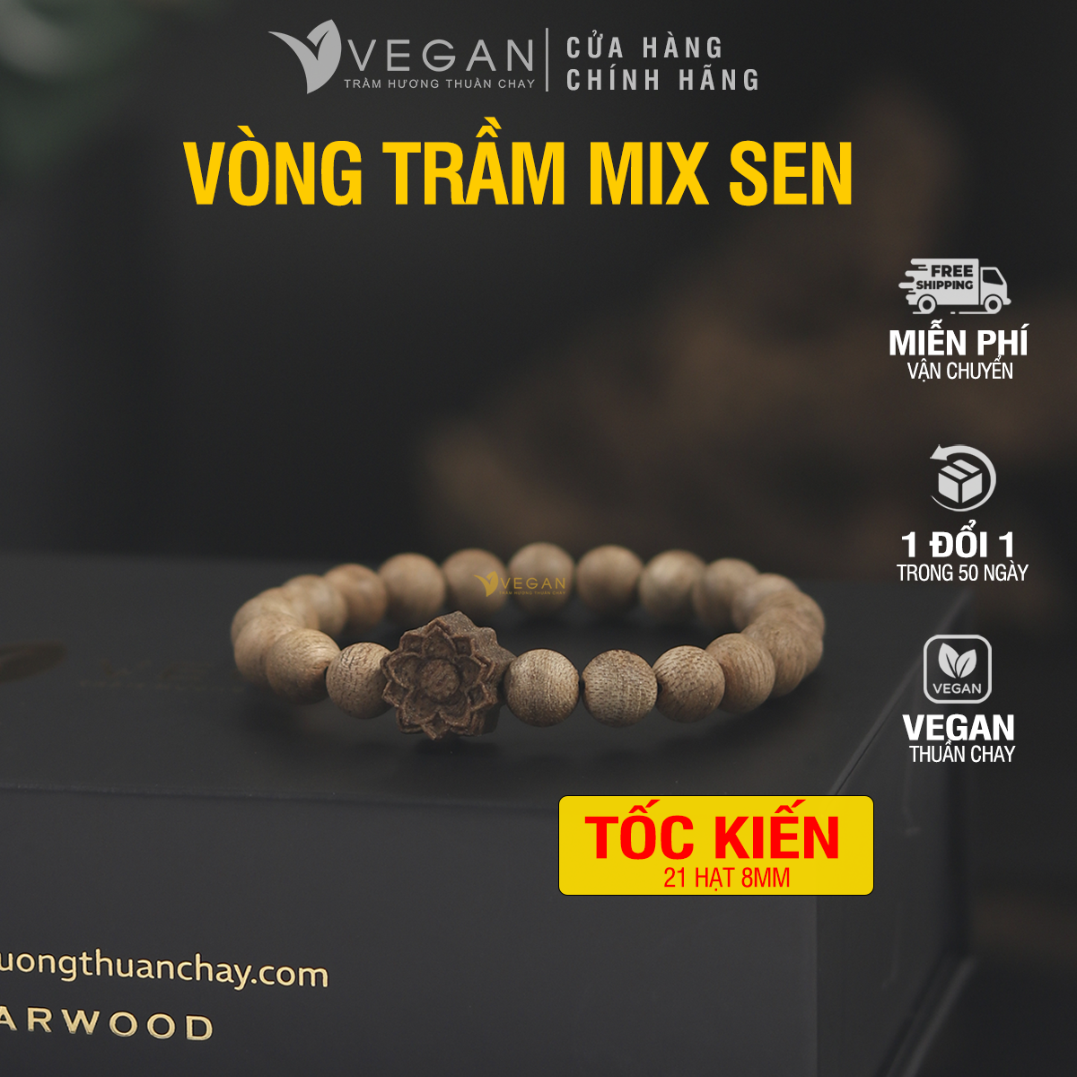 Vòng tay VEGAN Trầm Hương Thuần Chay tốc kiến cao cấp mix charm sen, hồ lô, 8mm 21 hạt