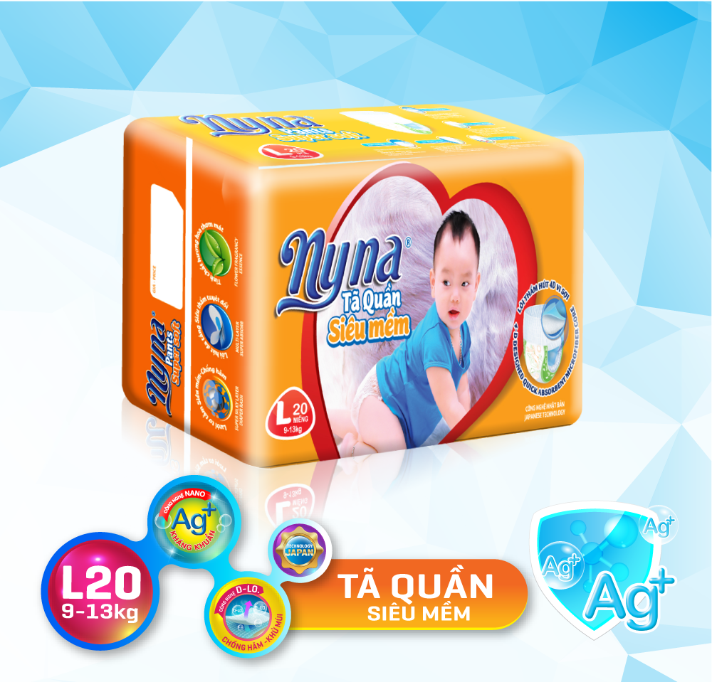 Tã quần siêu mềm Nyna size L 64 miếng  Tã quần (bỉm) siêu mềm 64 miếng, siêu thấm hút, mềm mại cho da bé kháng khuẩn khử mùi chống hăm thoáng khí.