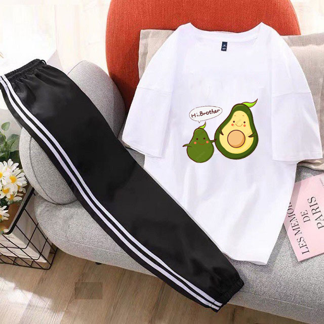 Sét Bộ Quần Áo Nữ Thời Trang Mặc Đi Chơi In Hoạt Hình Bơ Brother Kèm Quần Thun Đen Bo Gấu