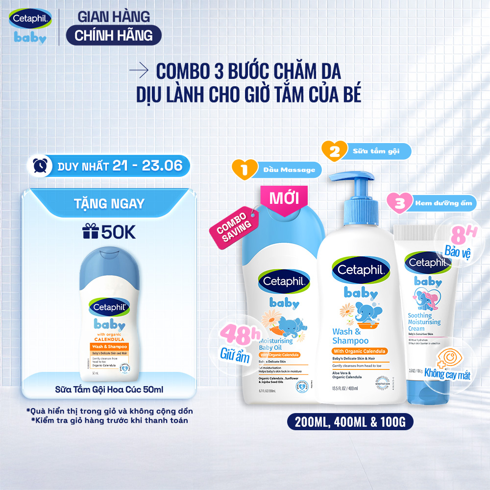 Combo Sữa tắm gội CETAPHIL BABY CALENDULA 400ML  Dầu massage dưỡng ẩm Baby Oil 200ml  Kem dưỡng ẩm Moisturising tuýp 100g