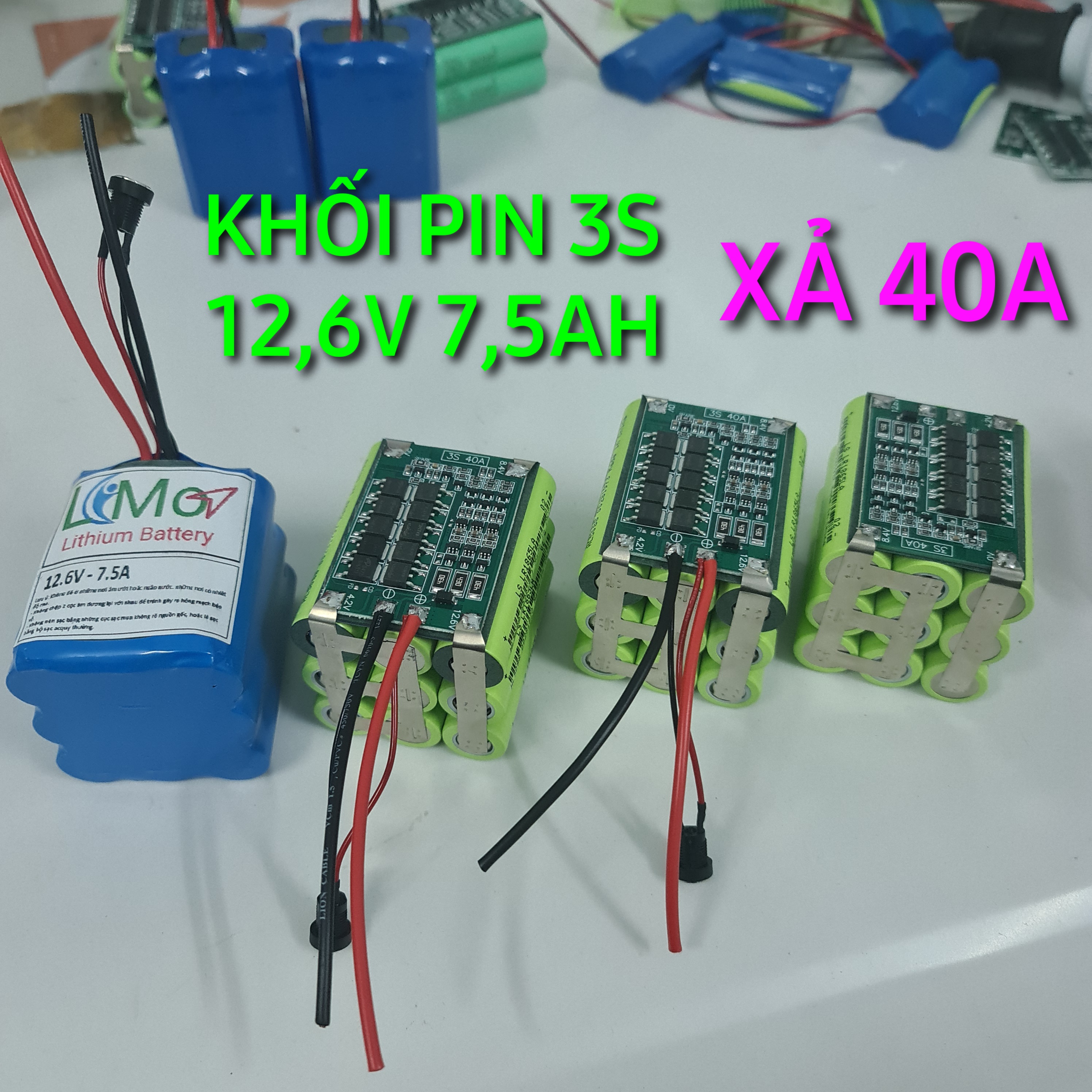 Khối pin 3S 12,6V 7,5AH. XẢ liên tục 40A Cực mạnh. (Pin mới) Chuyên dùng cho máy Khoan cắt mài cầm tay, máy nội địa và các thiết bị chạy điện 12v. Được đóng từ 9 cell pin Lithium ion 18650 và mạch bảo vệ BMS 3S 40A - LIMO