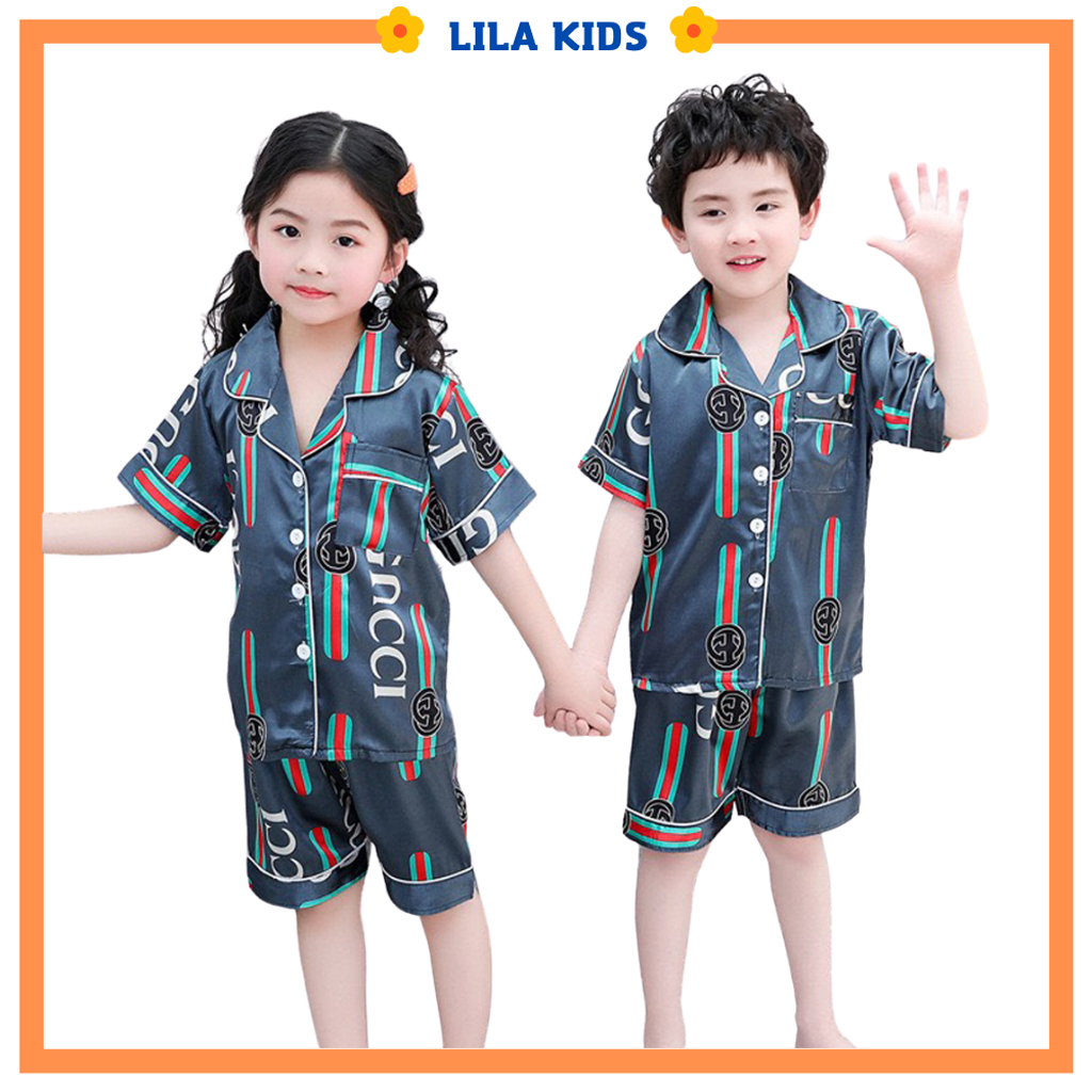 Bộ Pijama Cộc Tay In Họa Tiết Gu Xì Chất Lụa Cao Cấp Cho Bé Trai Và Bé Gái Từ 7 - 28kg - LILA KIDS