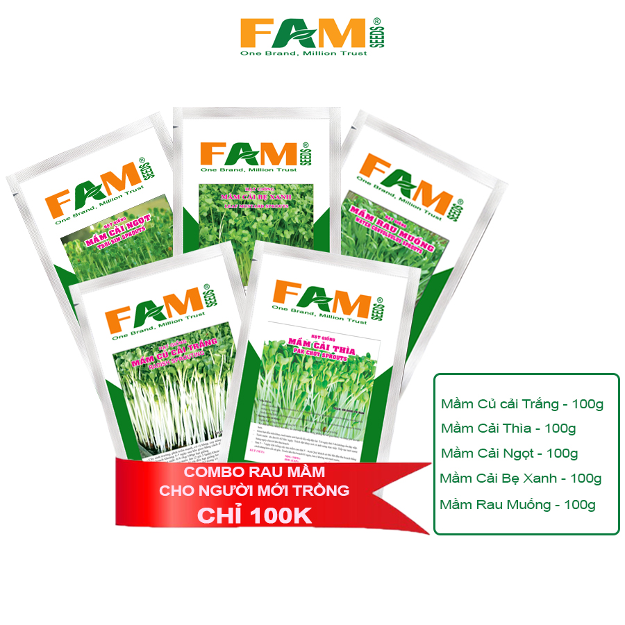 [HCM]Combo Hạt Giống Rau Mầm FAM SEEDS Năng Suất Cao - 5 Loại Khác Nhau Cho Người Mới Trồng