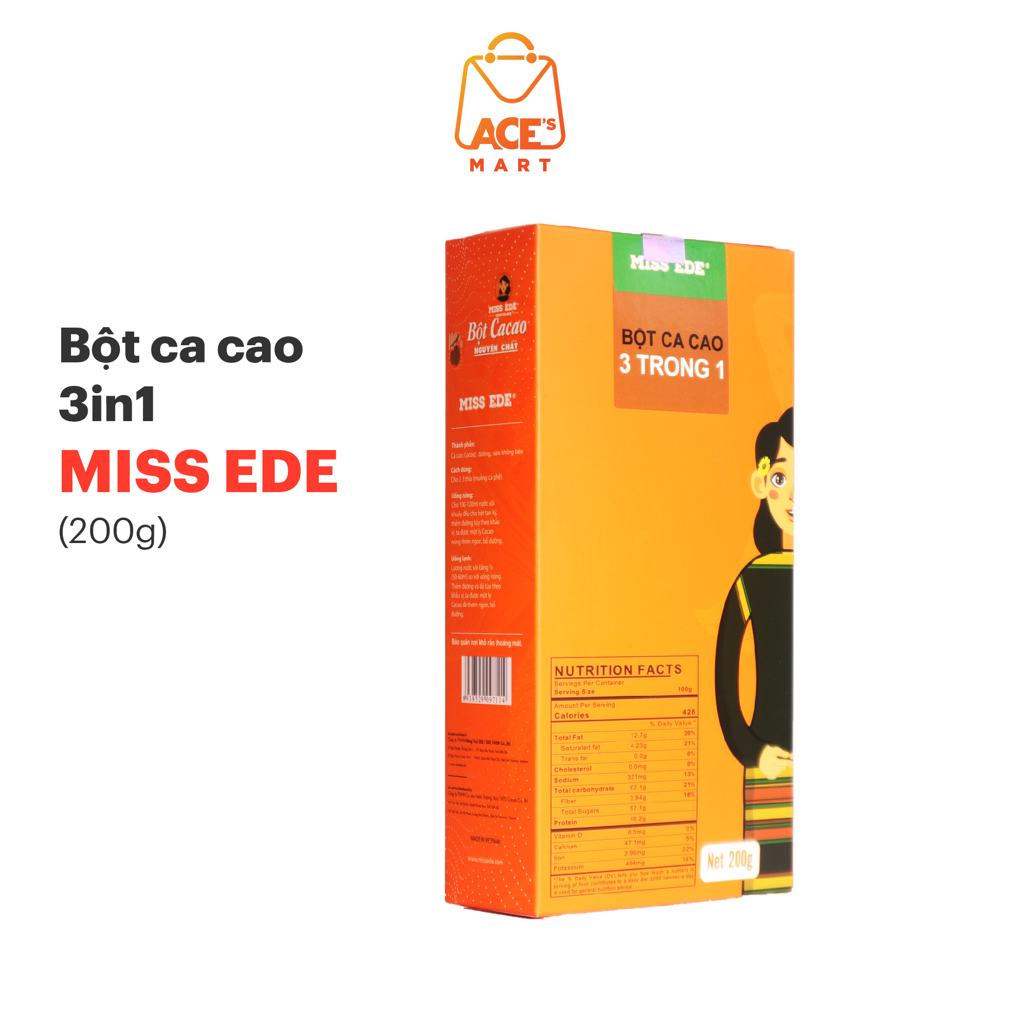 Bột Cacao Sữa MISS EDE 3in1 Nguyên Chất 100% Xuất Xứ Việt Nam Hộp 200g