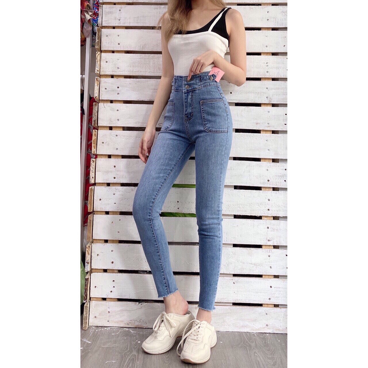 Quần jean nữ lưng cao quần jean nữ màu xanh lưng kiểu túi trước quần jean nữ 9 tấc thời trang Quần jean nữ đẹp Yody's House - QJNU68