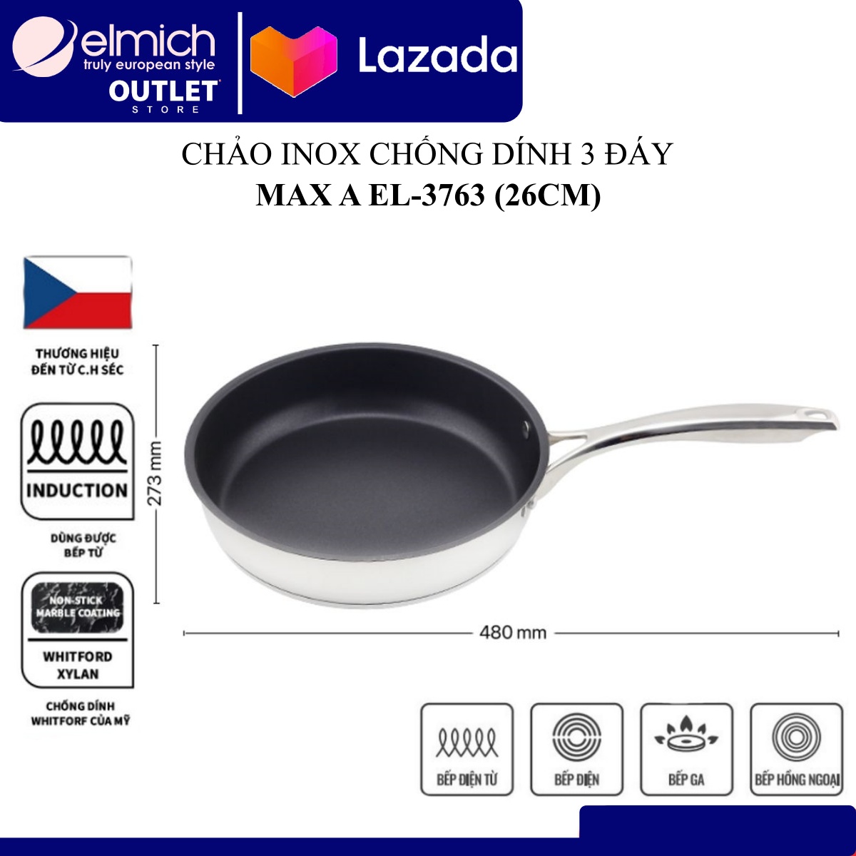 Chảo inox chống dính 3 đáy elmich maxa el-3763 size 26cm.