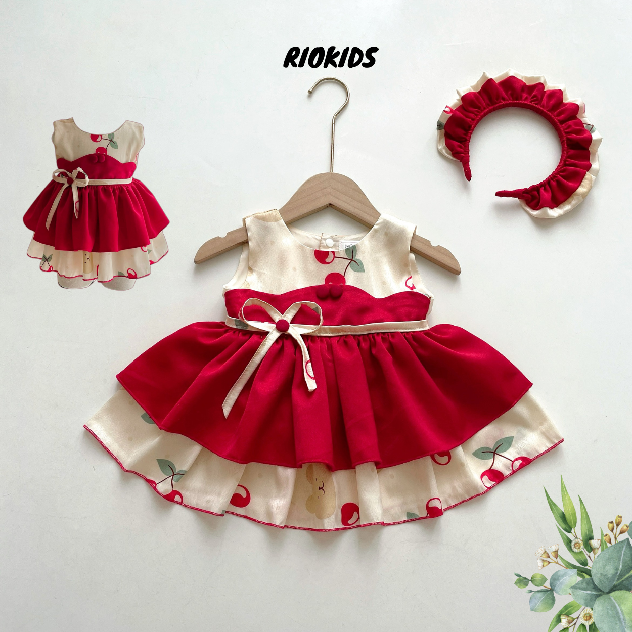 TT41 Váy công chúa lụa cherry đỏ RIOKIDS đầm đầy tháng thôi nôi cho bé gái sơ sinh