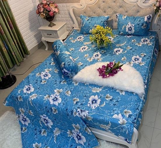 Trọn Bộ 5 món Chăn Ga Gối Phủ Chần Bông Mẫu Hoa thuỷ tinh