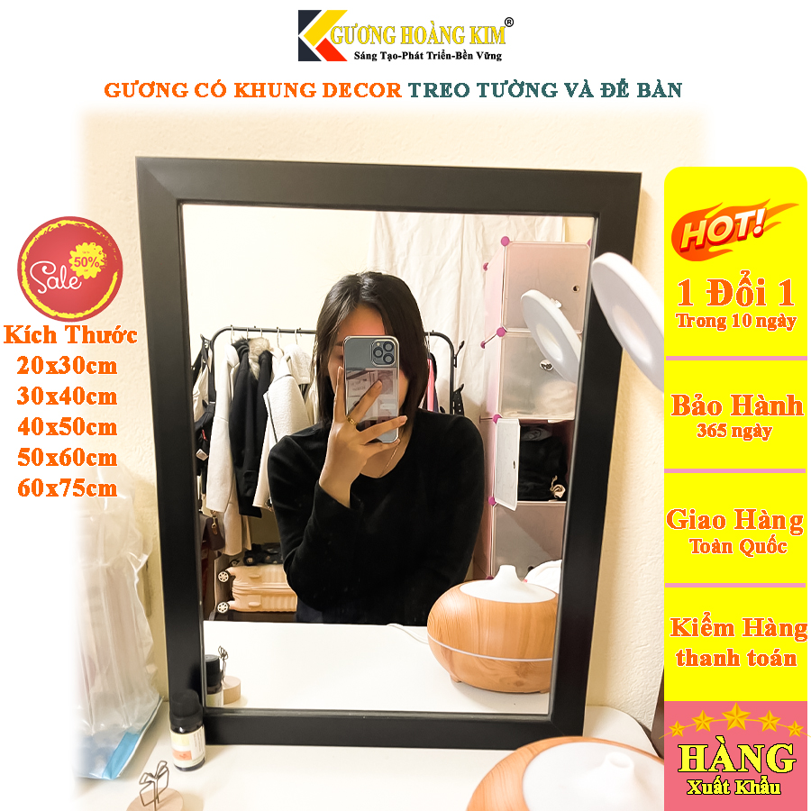 gương treo tường trang trí, gương để bàn decor, khung màu trắng và đen size 25x35, 30x40cm guonghoangkim mirror HK5001