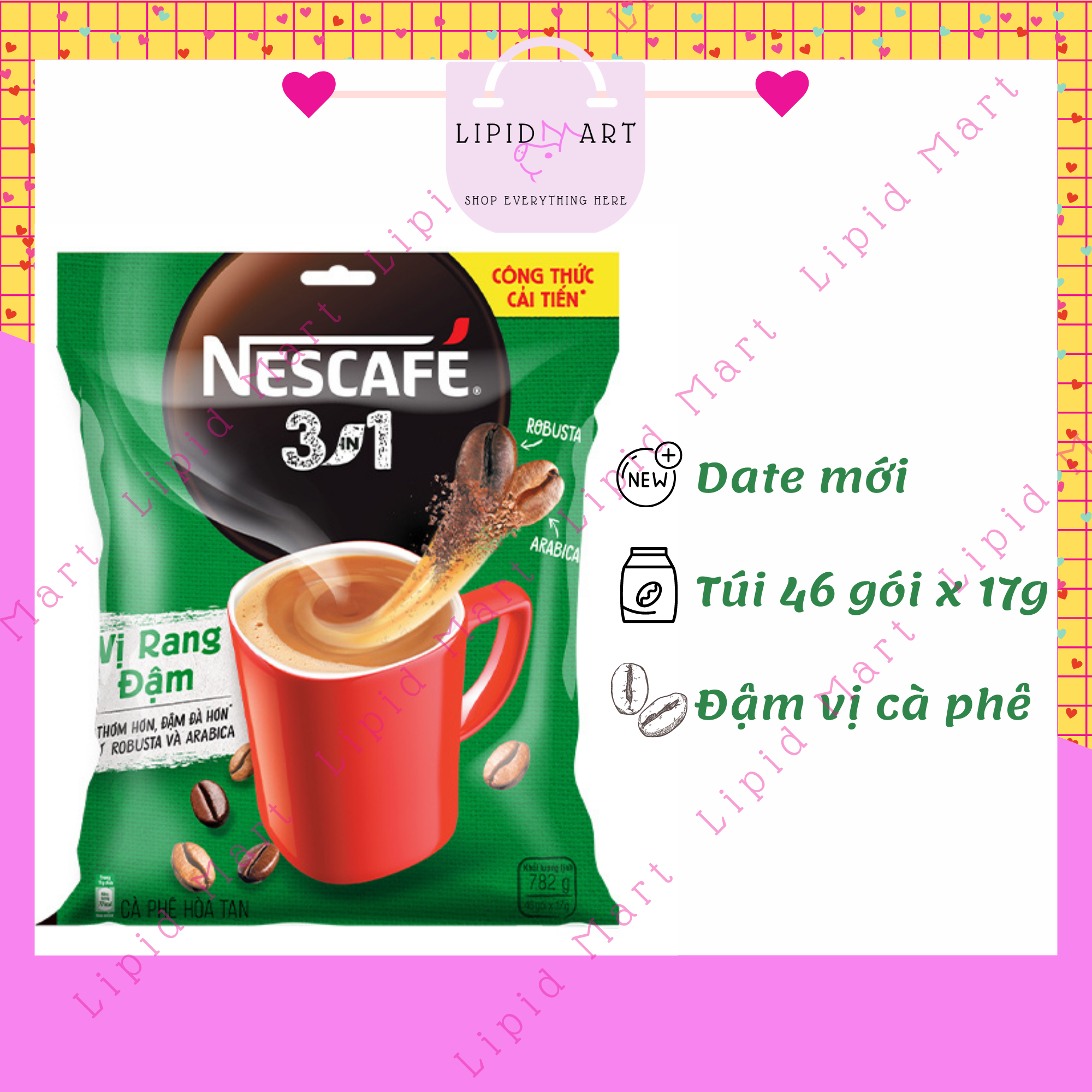 Cafe Hòa Tan NESCAFÉ 3 in1 Vị Rang Đậm Bịch 46 gói x 17g xanh