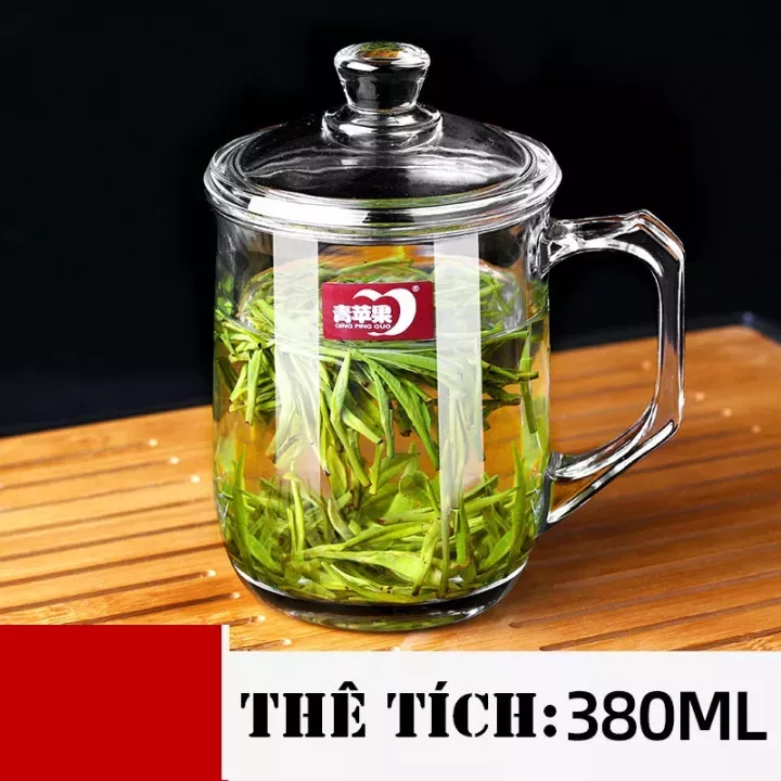 Ly thủy tinh quai cầm có nắp thủy tinh cao cấp 380ML - Ly tách thủy tinh dày chịu nhiệt