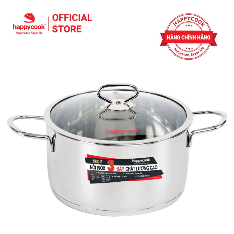 Nồi inox cao cấp 3 đáy 304 nắp kiếng Happy Cook Delux Plus 24cm N24-DLGP