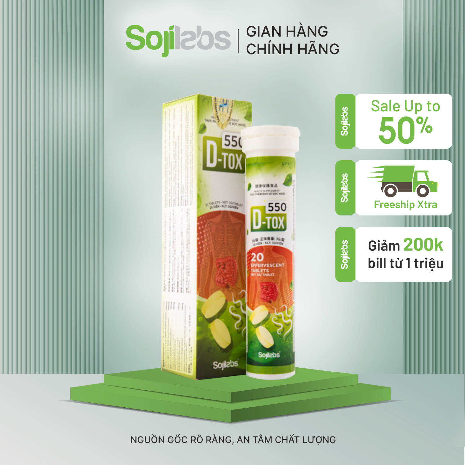 Viên Sủi Hỗ Trợ Vi Sinh Đường Ruột D-TOX 550 giúp nhuận tràng giảm táo bón, hỗ trợ giảm nhiễm ký sinh trùng đường ruột, ổn định hệ tiêu hoá - Hộp 20 viên