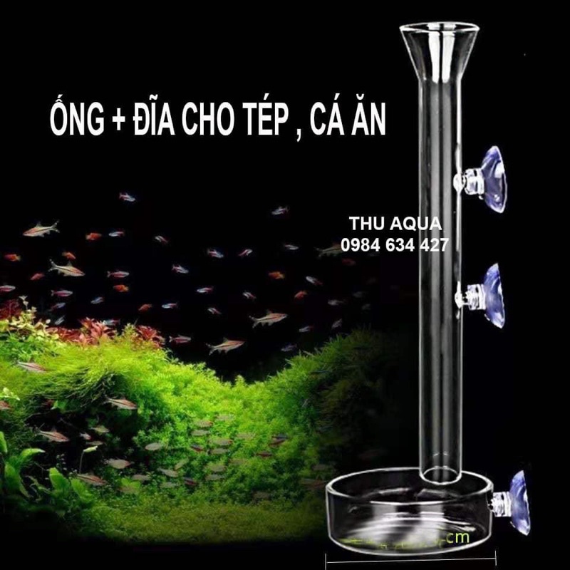 Ống thủy tinh cho cá tép ăn+chén cho tép ăn