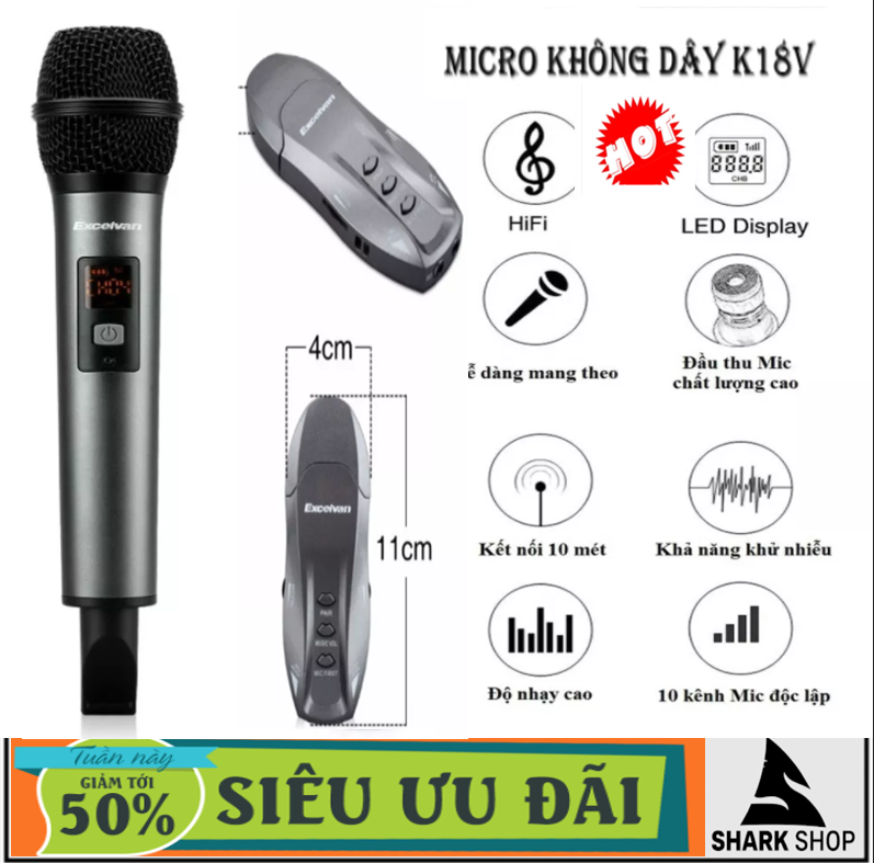 Bộ micro không dây chống hú,mic không dây excelvan k18v micro chuyên dụng cho loa bluetooth-dàn karaoke di động-hát cực hay,mic xe hơi,mic thuyết trình,độ nhạy lọc âm cao thiết kế sang trọng,cầm chắc tay bảo hành 12 tháng