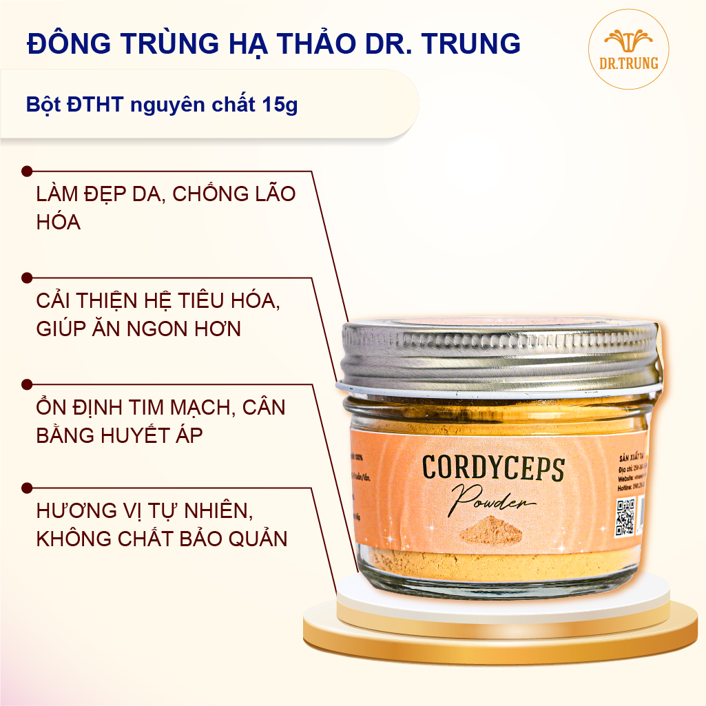 Dr. Trung - Bột đông trùng hạ thảo. Nguyên chất, nấm đông trùng chuẩn dược liệu, không chất bảo quản.