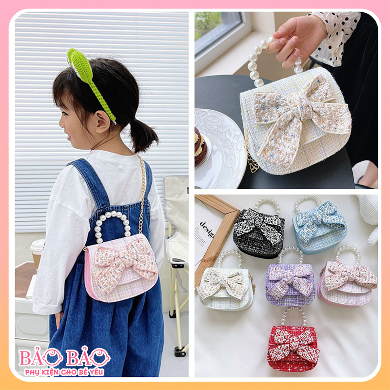 Túi đeo chéo vải dạ tweed quai ngọc cho bé gái xinh xắn túi đeo ăn cưới, đeo Tết cho bé gái