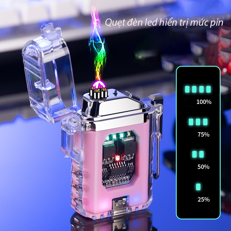 Bật lửa điện quet móc treo khóa có đèn led hiển thị mức pin tặng kèm sạc chống gió, chống nước
