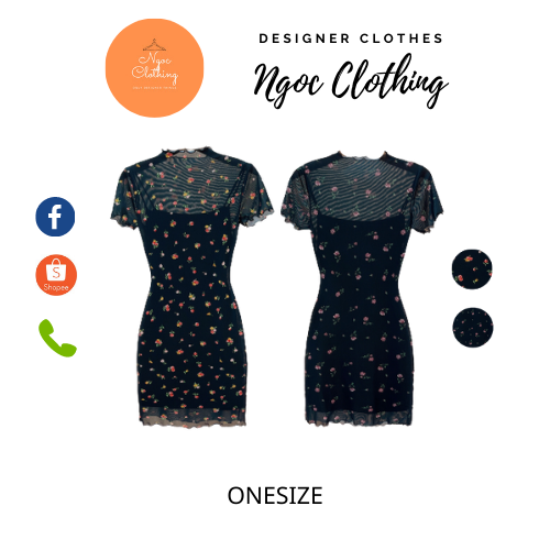 Váy body cổ tròn ngắn đen NGOCCLOHTING nữ [FREESHIP] Đầm 2s in hoa nổi 3d quyến rũ