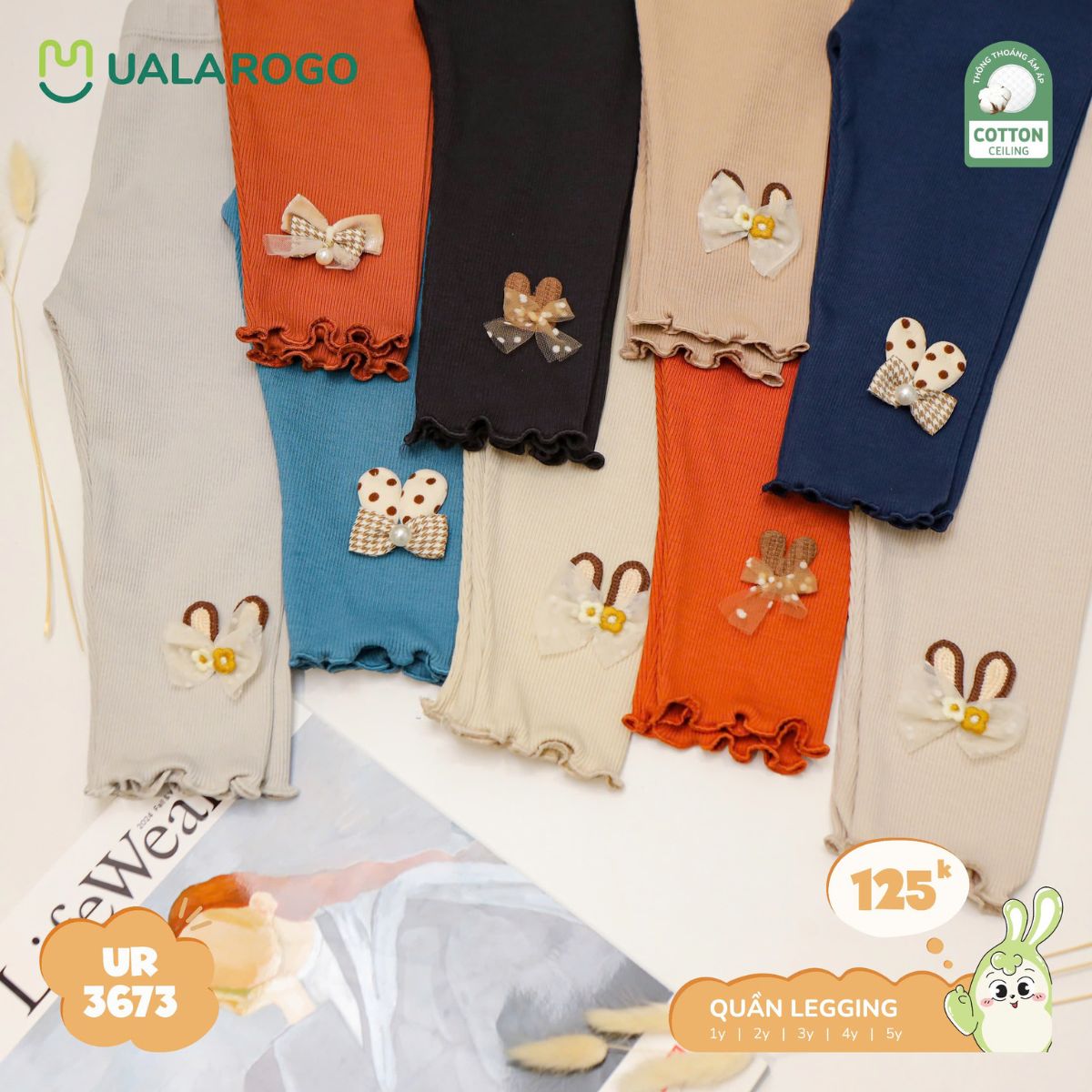 Quần Legging cho bé Ualarogo 1-5 tuổi vải Cotton ấm áp co giãn mềm mại thoáng khí 3673