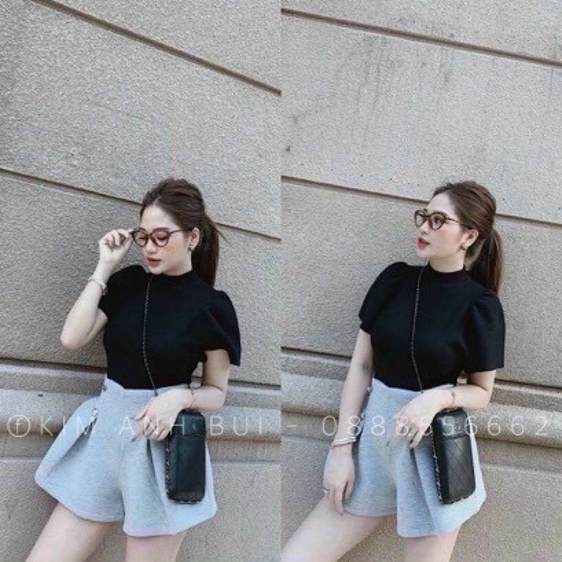 Áo thun gân croptop tay phồng vkv