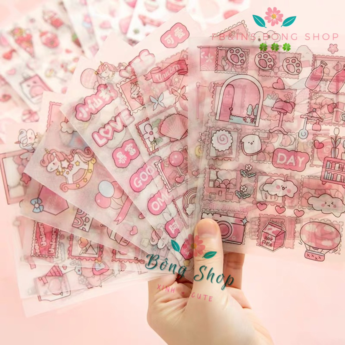 Hình dán sticker hồng nhũ lấp lánh set 4 tấm Bông Shop