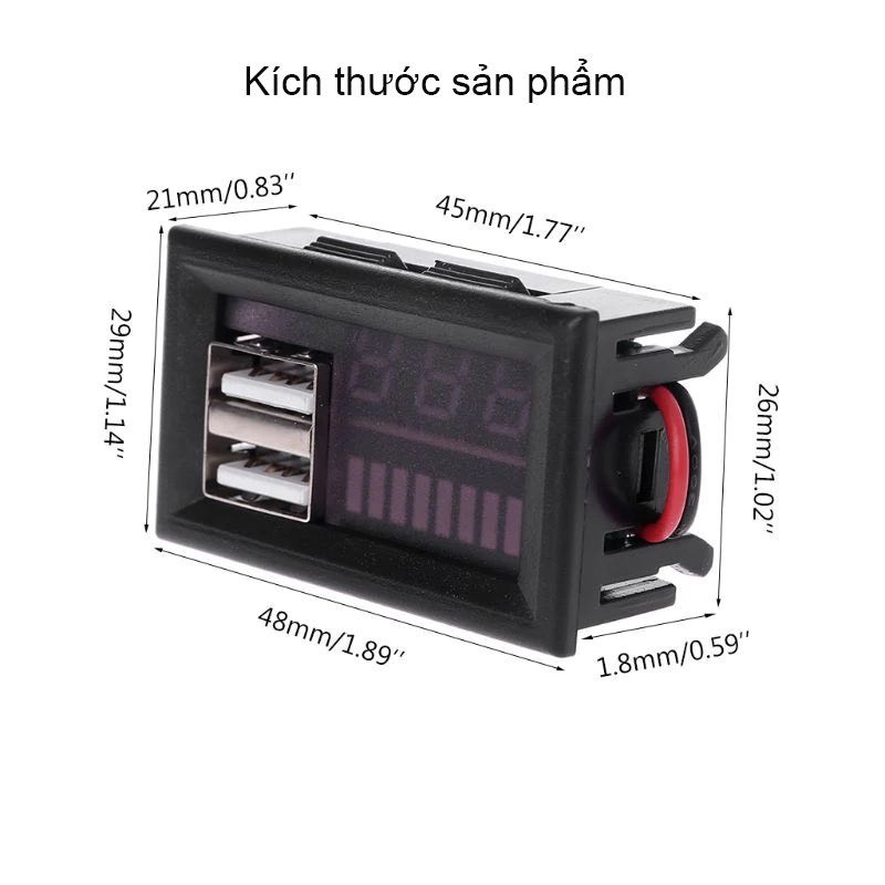 Đồng hồ báo Điện áp, báo Dung lượng acquy, pin sắt, pin lion, lithium kèm 2 Cổng USB sạc điện thoại (lắp vỏ acquy)